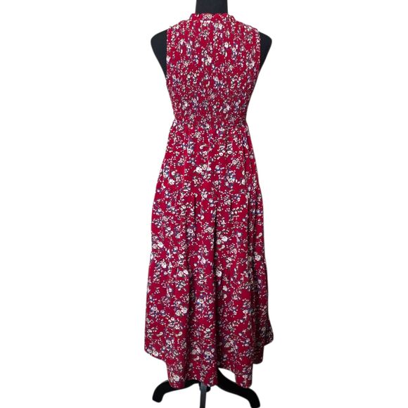 Red Floral Smocked Sleeveless Midi Dress Women’s Small - Picture 3 of 8